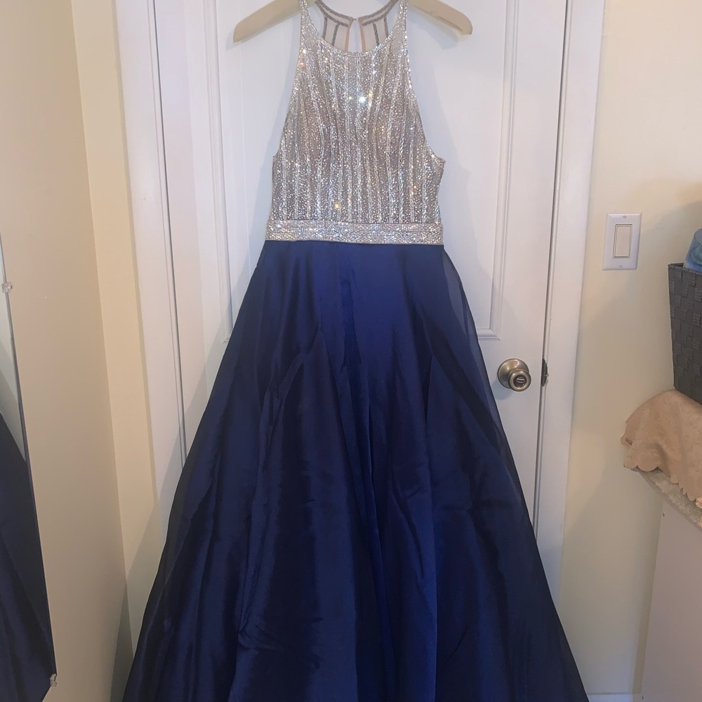 Camille La Vie Blue Beaded Haltered Ballgown